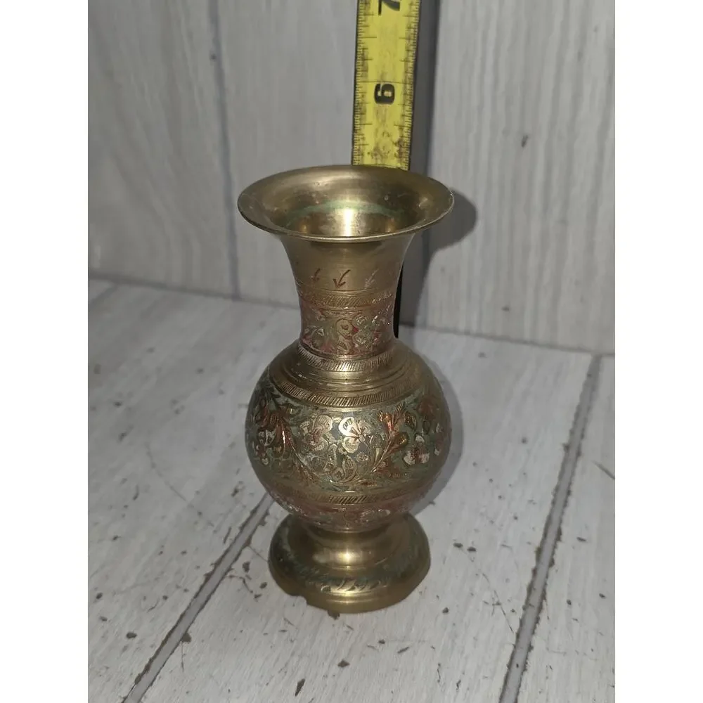 Vtg Antique Brass Vase Etched Handmade Painted Brass Vessel Natural Patina 5